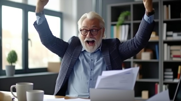 Happy senior businessman in a suit celebrating success at work while carrying papers and looking at a laptop in the workplace Generative AI is being praised