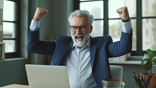 Photo happy senior businessman in a suit celebrating success at work while carrying papers and looking at a laptop in the workplace generative ai is being praised