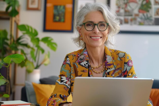 Photo happy senior businesswoman with laptop at office desk portrait