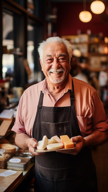幸せな上級カフェオーナーが ⁇ チーズと肉を手に持っています ⁇ 