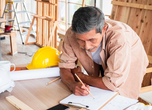 Photo happy senior carpenter using a tape measure for measuring woodwork in the carpentry workshop manufacture of wood products