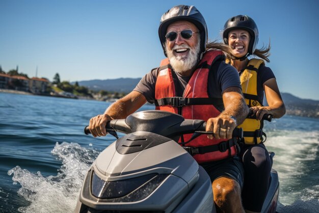 Happy senior Caucasian couple in safety helmets and vests riding jet ski on a lake or along sea coast Active elderly people having fun on water scooter Healthy lifestyle for retired persons