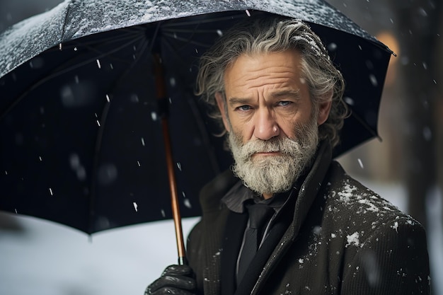 冬の雨の日,屋外で歩いている間,傘を握っている幸せな高齢の白人男性