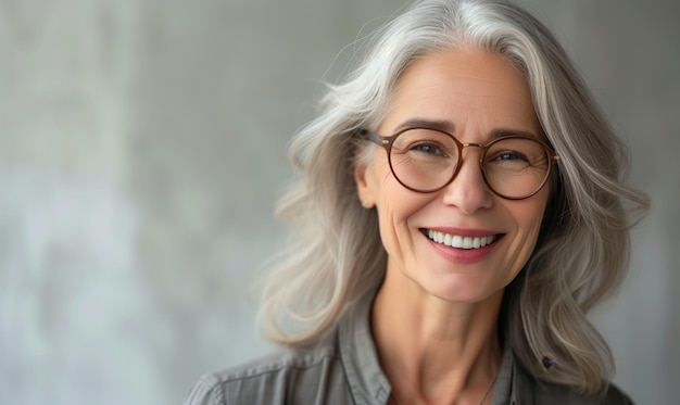 Happy senior caucasian woman in glasses having wide charming smile stand alone pose for camera