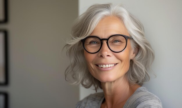 Happy senior caucasian woman in glasses having wide charming smile stand alone pose for camera
