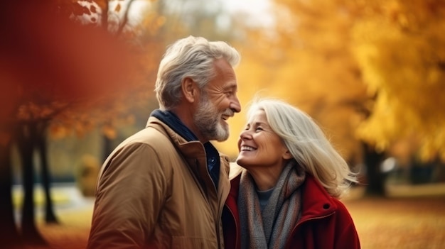 Happy senior couple in autumn park