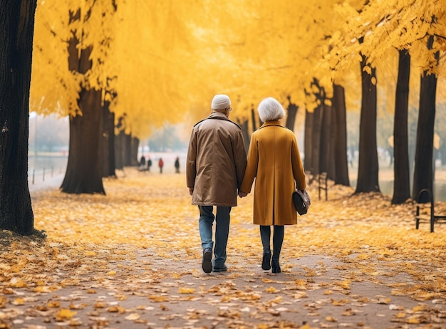 Happy senior couple in autumn park