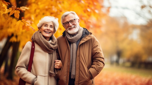 Happy senior couple in autumn park