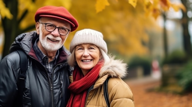 Happy senior couple in autumn park