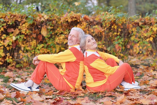 Felice coppia senior nel parco autunnale