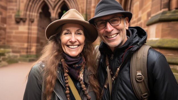 Happy senior couple enjoying sightseeing in charming historic town during their vacation