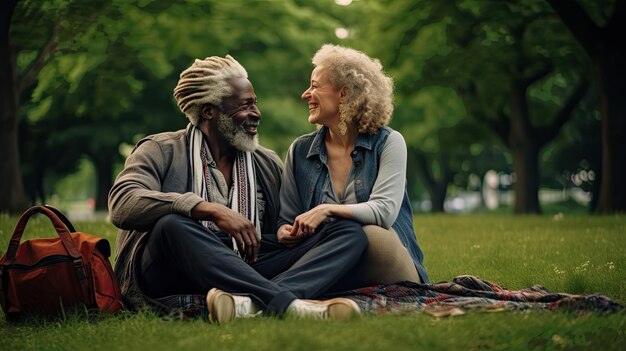 Happy senior couple having fun resting outdoors Two elderly people doing Valentine day picnic