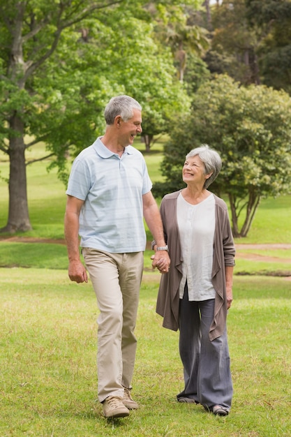 Happy senior couple holding hands and walking in park