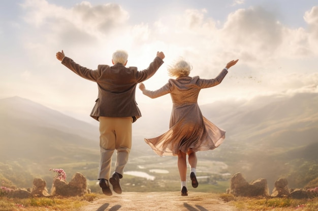 Happy senior couple jumping View from behind on blurred background Generative AI