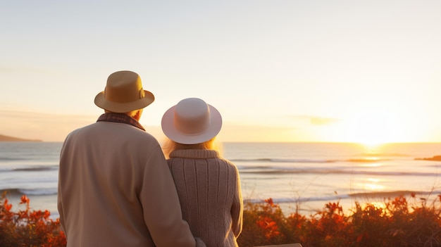 Happy senior couple looking enjoying beach sunset landscape together summer vacation at sea coast