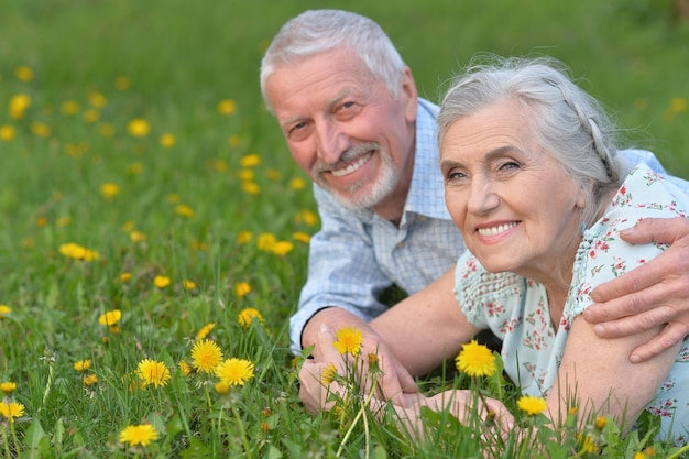 Happy senior couple lying on green meadow with dandelions