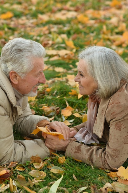 Happy senior couple lying in park