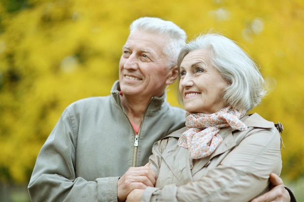 Happy senior couple posing in the park