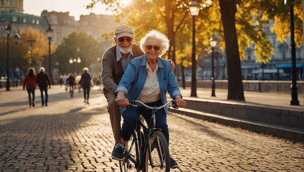 Photo happy senior couple riding bicycles in spanking on the embankment