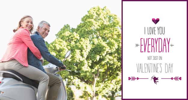 Happy senior couple riding a moped  against valentines day greeting