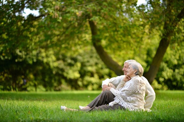 Happy senior couple sitting in autumn park