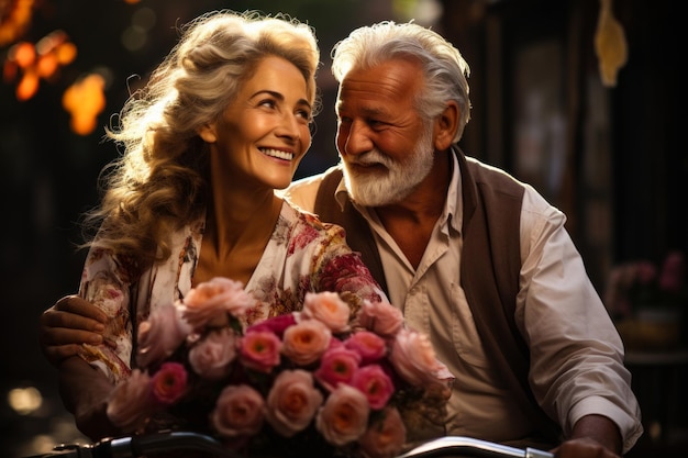 Happy senior couple sitting on bench and looking at each other