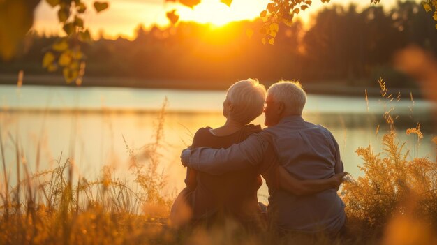 写真 夕暮れの後ろの景色で湖の近くで夏に座っている幸せな高齢のカップル