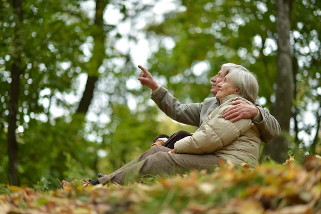 Felice coppia senior seduta nel parco