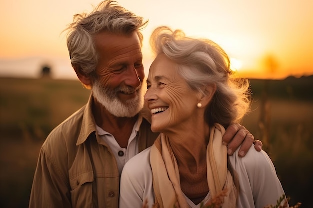 Счастливая пожилая пара улыбается на закате