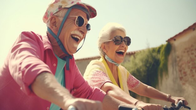 Photo happy senior couple in sunglasses and vivid clothes riding bicycles on a sunny day in summer