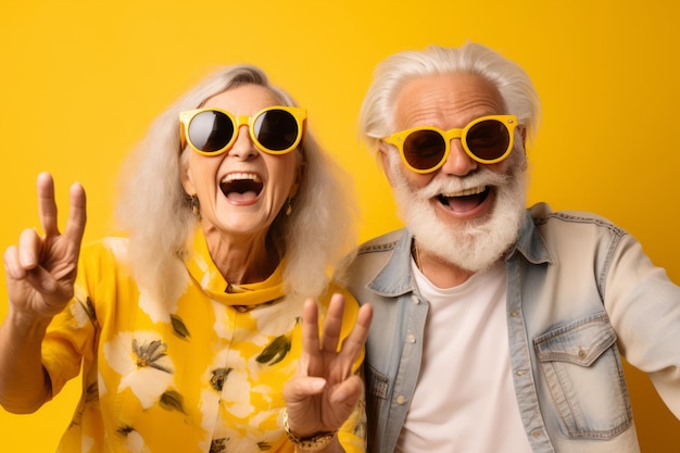 счастливая пожилая пара в солнцезащитных очках с камерой на летних каникулах