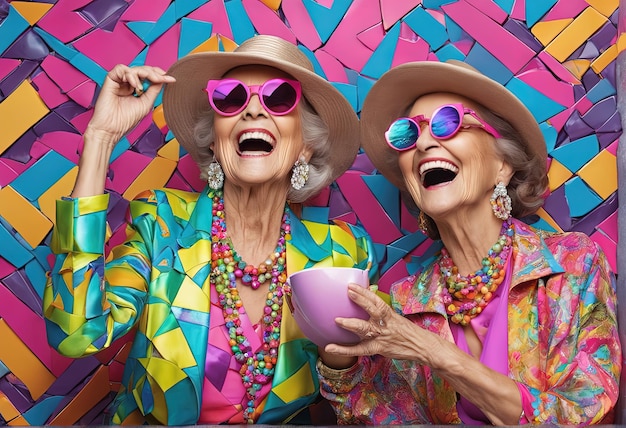 Счастливая старшая пара в солнцезащитных очках с красочными шарами на красочном фоне