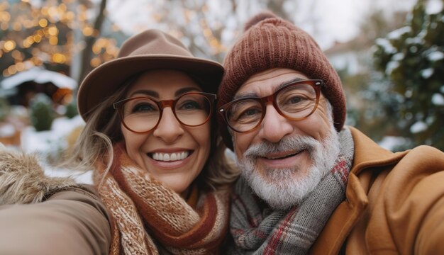 Happy senior couple taking selfie using smartphone in autumn time