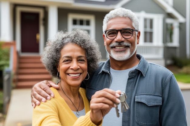 Happy senior couple together of a new home Senior couple holding key and standing outside new house Retirement couple and real estate concept Created with Generate Ai Technology