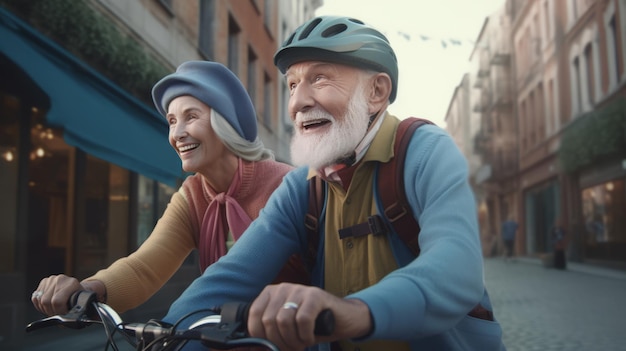 Happy senior couple in vivid clothes with bicycles on the street in autumn