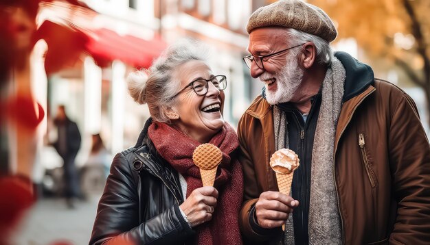Счастливая пожилая пара гуляет в осеннем парке с мороженым
