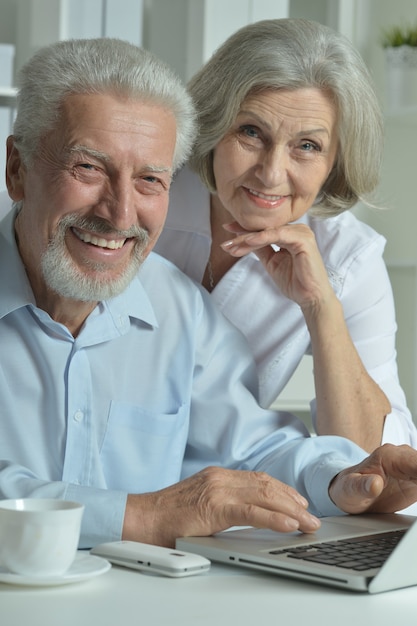 Happy senior couple with laptop  in office