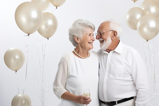 Foto una felice coppia di anziani con palloncini bianchi .