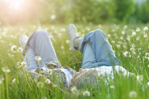 Happy senior coupleon green meadow with dandelions