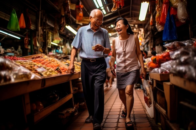 写真 幸せな年配の顧客が農家市場を訪れます オーガニック野菜を買う男性と女性