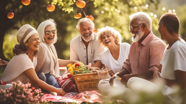 Happy senior diverse people sitting on blanket and having picnic in garden