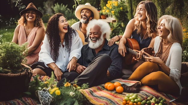 Happy senior diverse people sitting on blanket and having picnic in garden