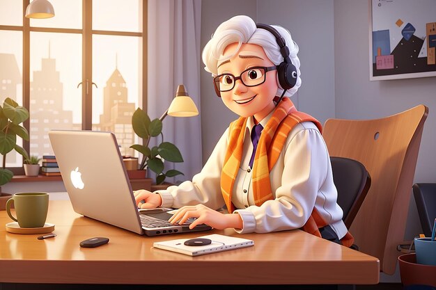 Happy senior do exercise and doing computer video conference calling vector character senior woman read book