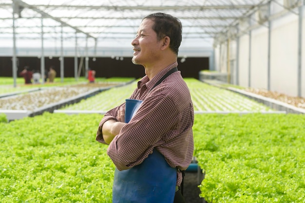 Photo a happy senior farmer working in hydroponic greenhouse farm, clean food and healthy eating concept