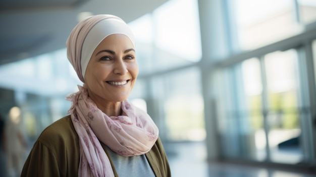 Happy senior female cancer patient wear head scarf