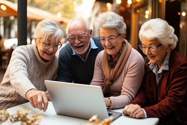 Photo happy senior friends using laptop in cafe elderly people using laptop together