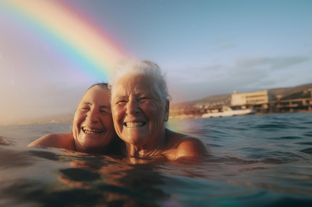 이스라엘 텔아비브의 LGBTQ 프라이드 퍼레이드에서 수영하는 행복한 노인 게이 커플