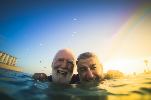 이스라엘 텔아비브의 LGBTQ 프라이드 퍼레이드에서 수영하는 행복한 노인 게이 커플