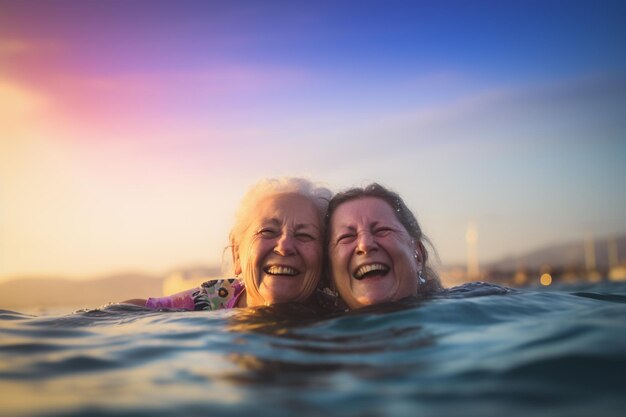 Happy Senior Gay Couple Swimming at LGBTQ Pride Parade in Tel Aviv Israel