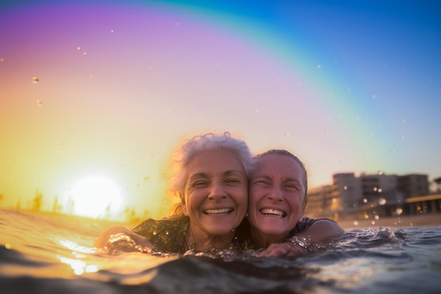 Happy Senior Gay Couple Swimming at LGBTQ Pride Parade in Tel Aviv Israel